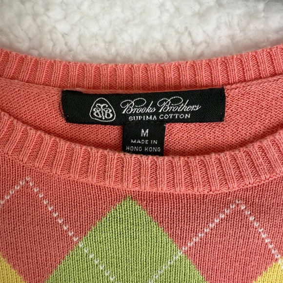 Brooks Brothers Women's Argyle Short Sleeve Sweater M Pink Green Yellow Cotton - Picture 3 of 5